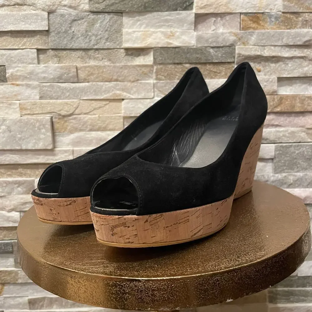 Stuart Weitzman Black Suede Cork Wedge Pumps | EU 40, US 9 ASO Kate Middleton